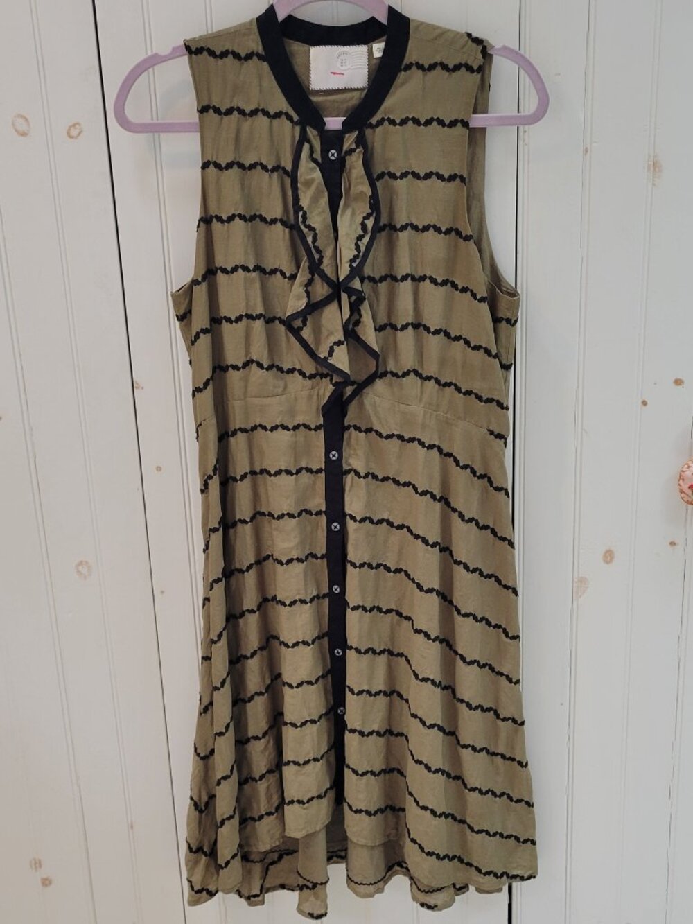 Anthropologie Ruffled Green & Black Cotton Dress